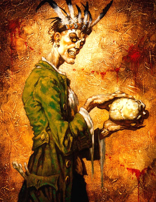 A dark fantasy illustration by Gerald Brom features a skeletal figure in a tattered green coat holding a skull, set against a textured, fiery background.
