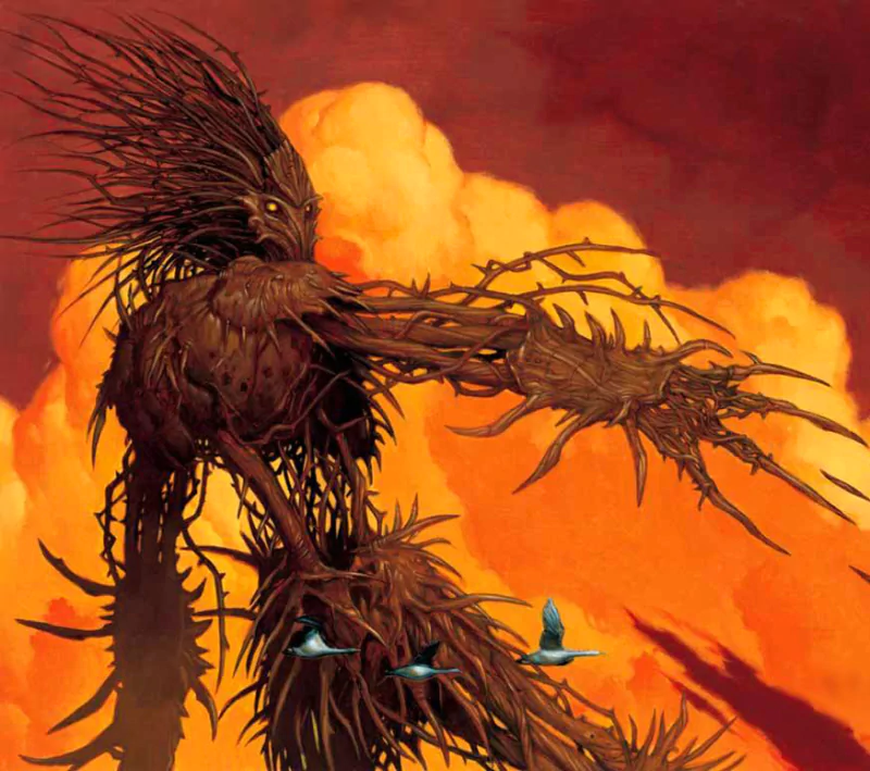 A dark, twisted, towering creature with sharp, branch-like limbs set against a fiery orange sky, capturing the eerie fantasy style of Gerald Brom.