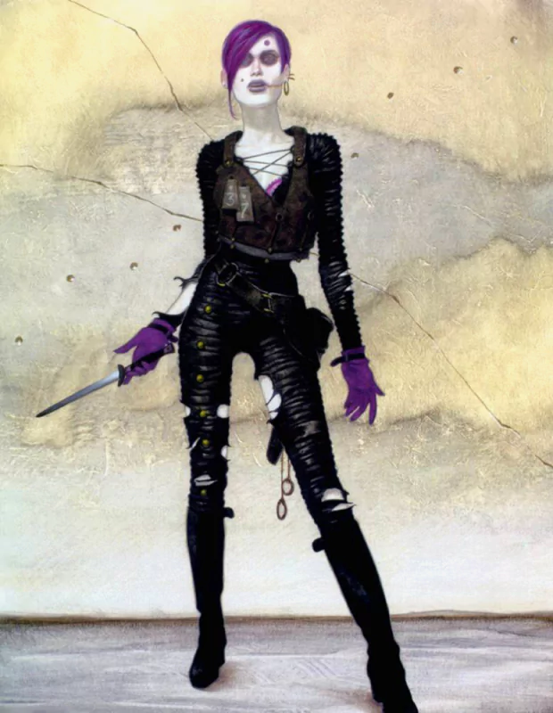 A tall, slender fantasy figure with pale skin, purple hair, and one eye covered, dressed in torn black clothing and purple gloves, holding a dagger, illustrated in the style of Gerald Brom.