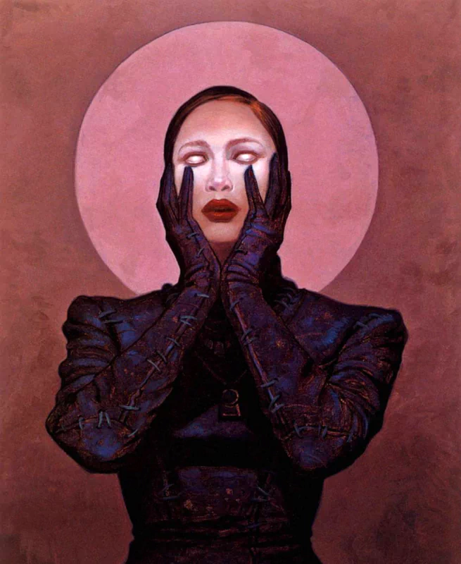 A dark fantasy portrait by Gerald Brom featuring a pale figure in black stitched gloves, eyes glowing white, set against a muted pink circular background.