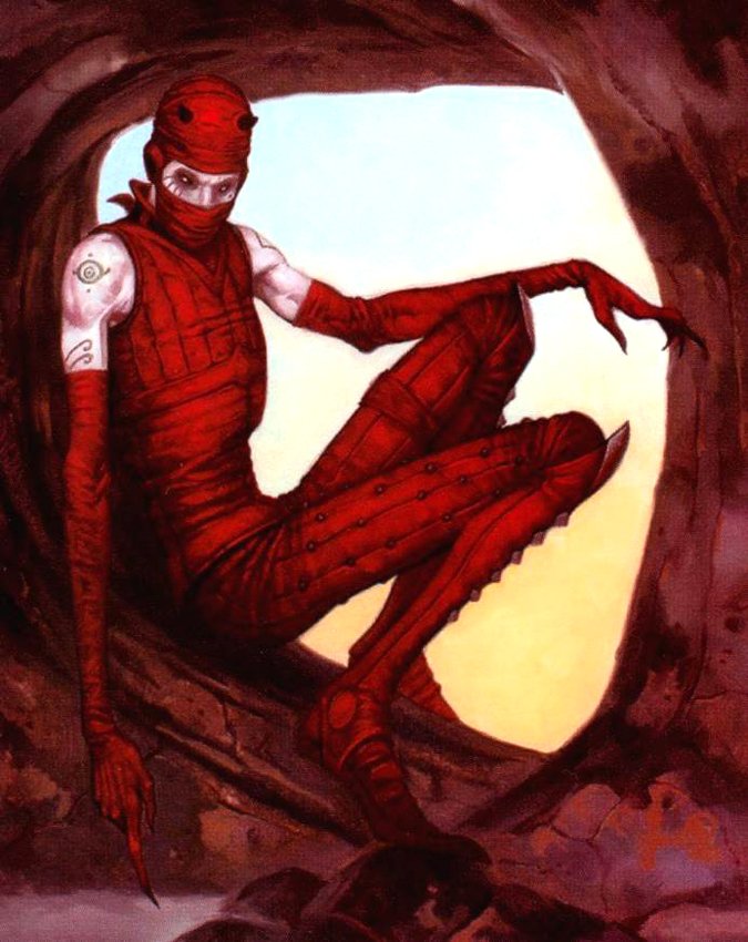 A red-clad ninja figure crouches in a rocky cave entrance, rendered in a dark fantasy style by Gerald Brom.
