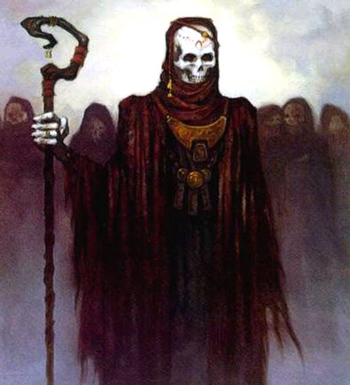 A dark fantasy scene by Gerald Brom depicting a skeletal figure in a tattered red robe holding a staff, surrounded by shadowy, hooded figures.