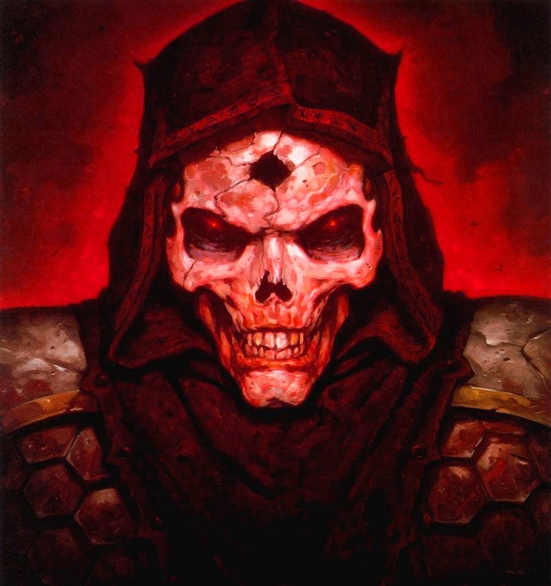 A menacing skeletal warrior in dark armor and a hood, engulfed in a fiery red background, in a fantasy style by Gerald Brom.