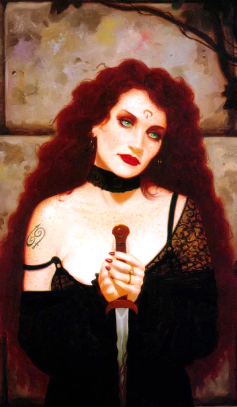 Fantasy artwork by Gerald Brom depicting a pale woman with red hair and green eyes, holding a dagger and adorned with gothic tattoos and dark clothing.