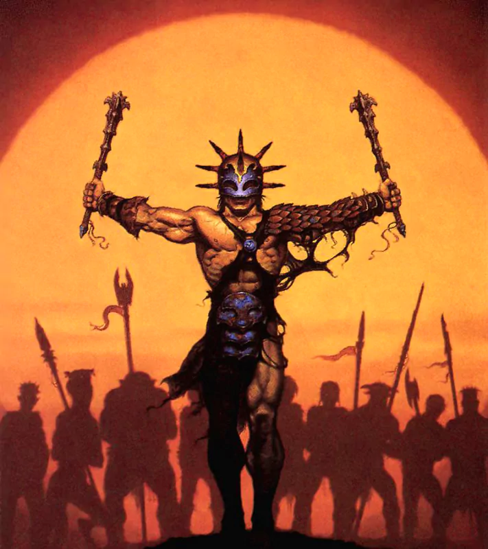 A muscular warrior wearing a spiked helmet and armor, holding two maces aloft, stands before a large orange sun with a silhouetted army behind him, in a fantasy style by Gerald Brom.