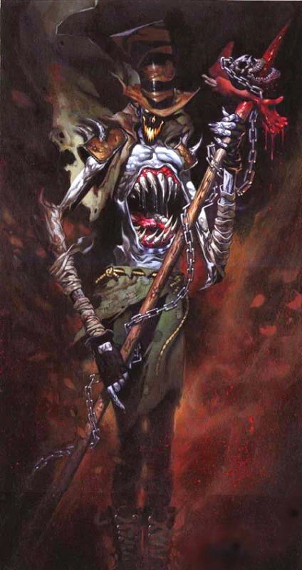 A dark fantasy figure with a skeletal face, wearing a top hat and armor, wields a spiked staff wrapped in chains, painted in the distinct style of Gerald Brom.