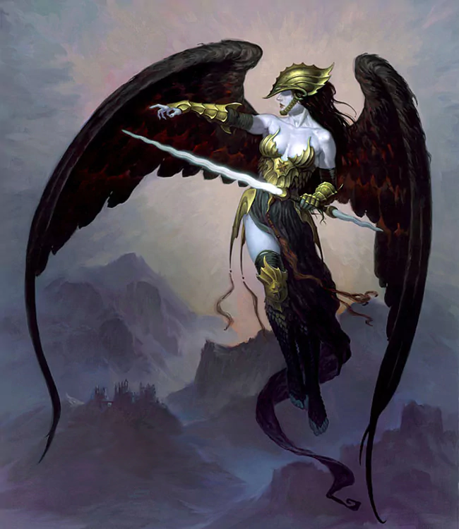 A stunning fantasy artwork by Gerald Brom featuring a fierce warrior with majestic wings, wielding a sword, set against a mysterious mountainous backdrop.