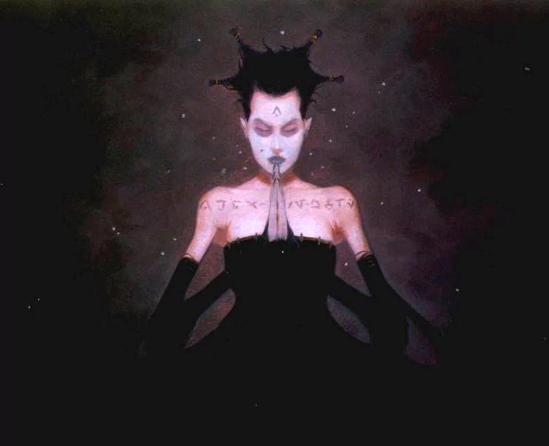 A dark fantasy portrait by Gerald Brom depicts a pale figure with spiked black hair, intricate markings, and hands pressed together in a mysterious, meditative pose.