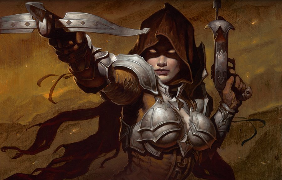 A fierce warrior in armor wields dual crossbows, cloaked in a hood. This striking fantasy artwork showcases the distinctive style of Gerald Brom.