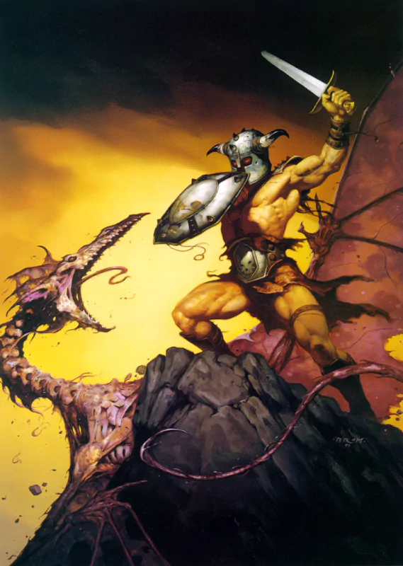 A muscular warrior wearing a horned helmet and shield stands on a rocky outcrop, sword raised high, facing a fierce dragon in a fantasy scene by Gerald Brom.