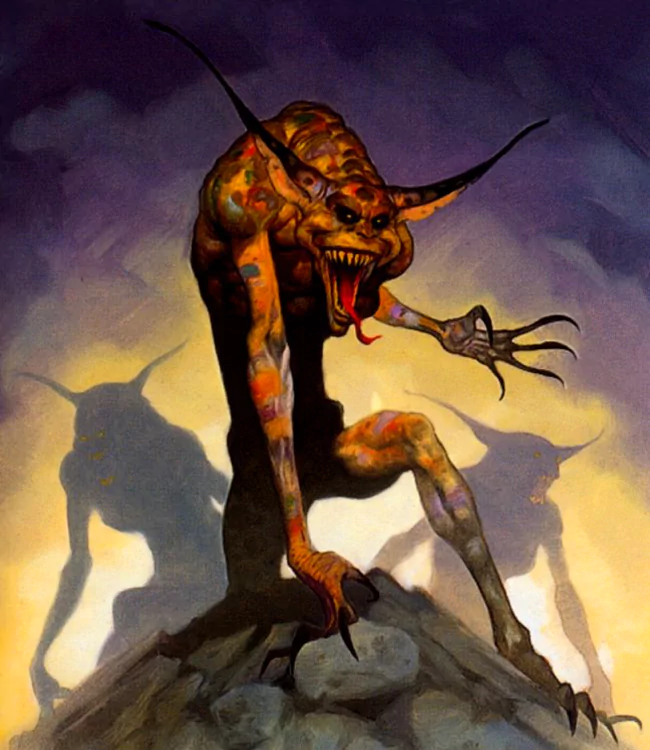 A monstrous, horned creature with sharp teeth and elongated limbs crouches on rocky ground, casting ominous shadows in a fantasy scene by Gerald Brom.