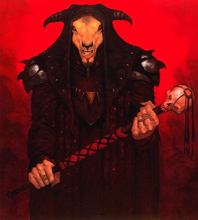 A dark fantasy figure with a horned goat skull mask and black armor holds a skull-topped staff against a vivid red background, artwork inspired by Gerald Brom.