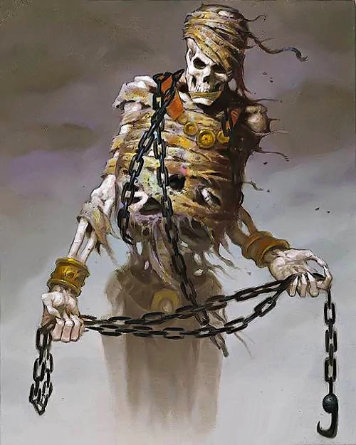A fantasy artwork by Gerald Brom depicting a skeletal, mummified figure wrapped in tattered cloth and holding heavy chains, evoking a dark, eerie atmosphere.