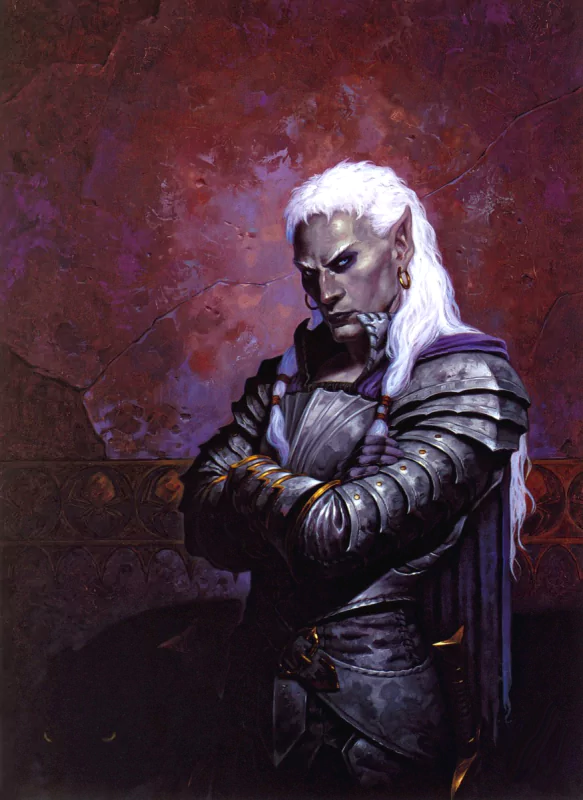 A striking fantasy illustration by Gerald Brom, featuring a stern warrior with long white hair and dark armor, exuding power and an air of mystery against a rich, textured background.