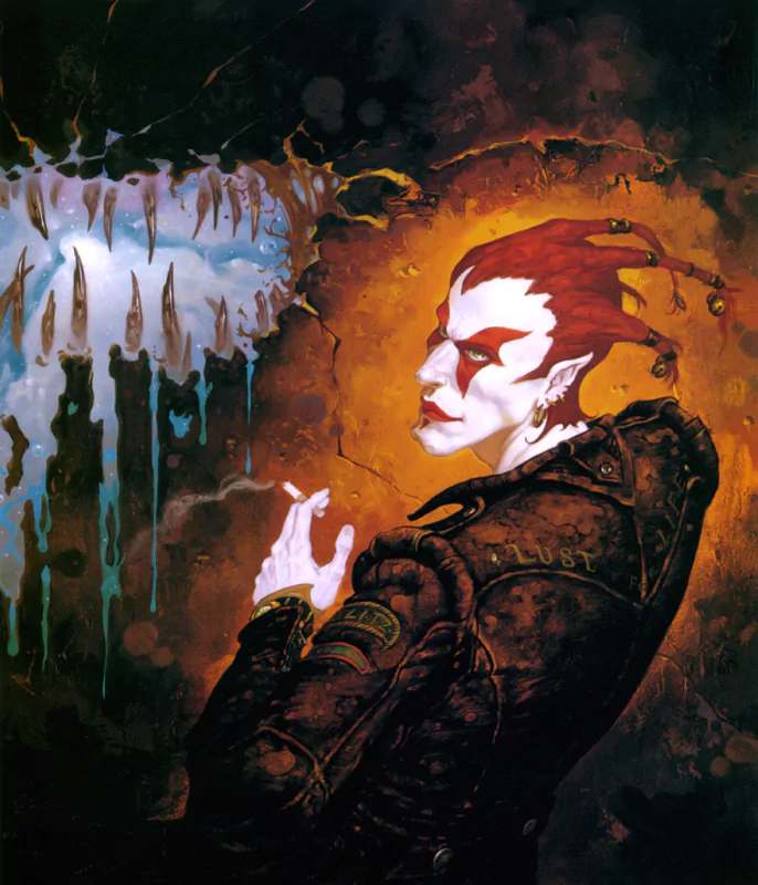 A dark fantasy portrait by Gerald Brom features a sinister figure with pale skin, red jester hat, and a leather jacket against a fiery, textured background.