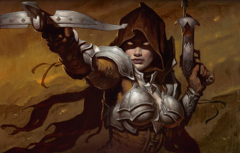 A fierce warrior in armor wields dual crossbows, cloaked in a hood. This striking fantasy artwork showcases the distinctive style of Gerald Brom.