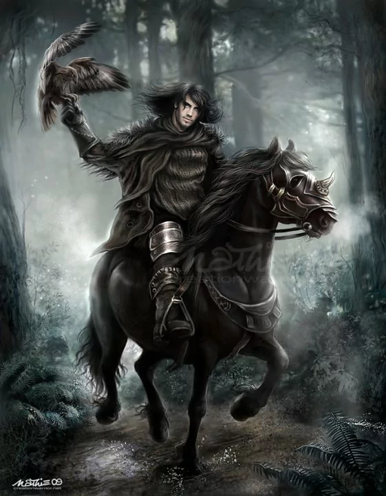A fantasy scene featuring a dark-haired man in armor riding a black horse through a misty forest, holding a falcon on his gloved hand.