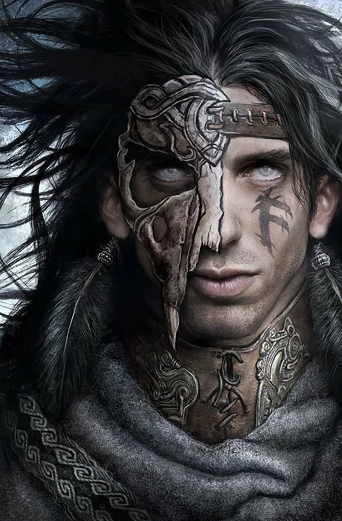 A fantasy-themed portrait of a man with striking features, featuring an artistic mask on one side of his face and intricate tattoos, set against a mystical backdrop.