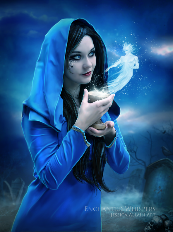 Fantasy woman in a blue hooded robe holds a glowing chalice as a translucent spirit rises into a moonlit, fog-shrouded graveyard.