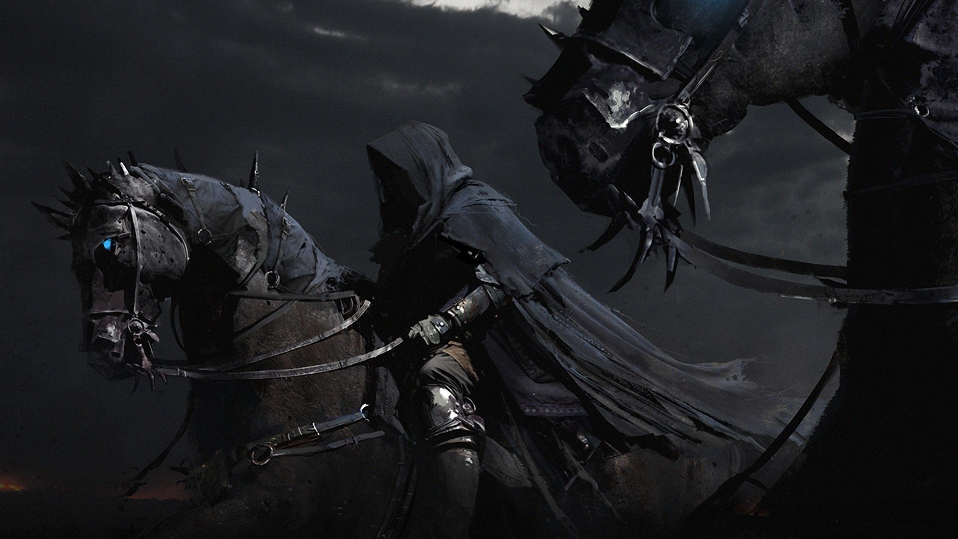 A dark, hooded figure clad in armor rides a black horse under a stormy sky, surrounded by an ominous, shadowy atmosphere.
