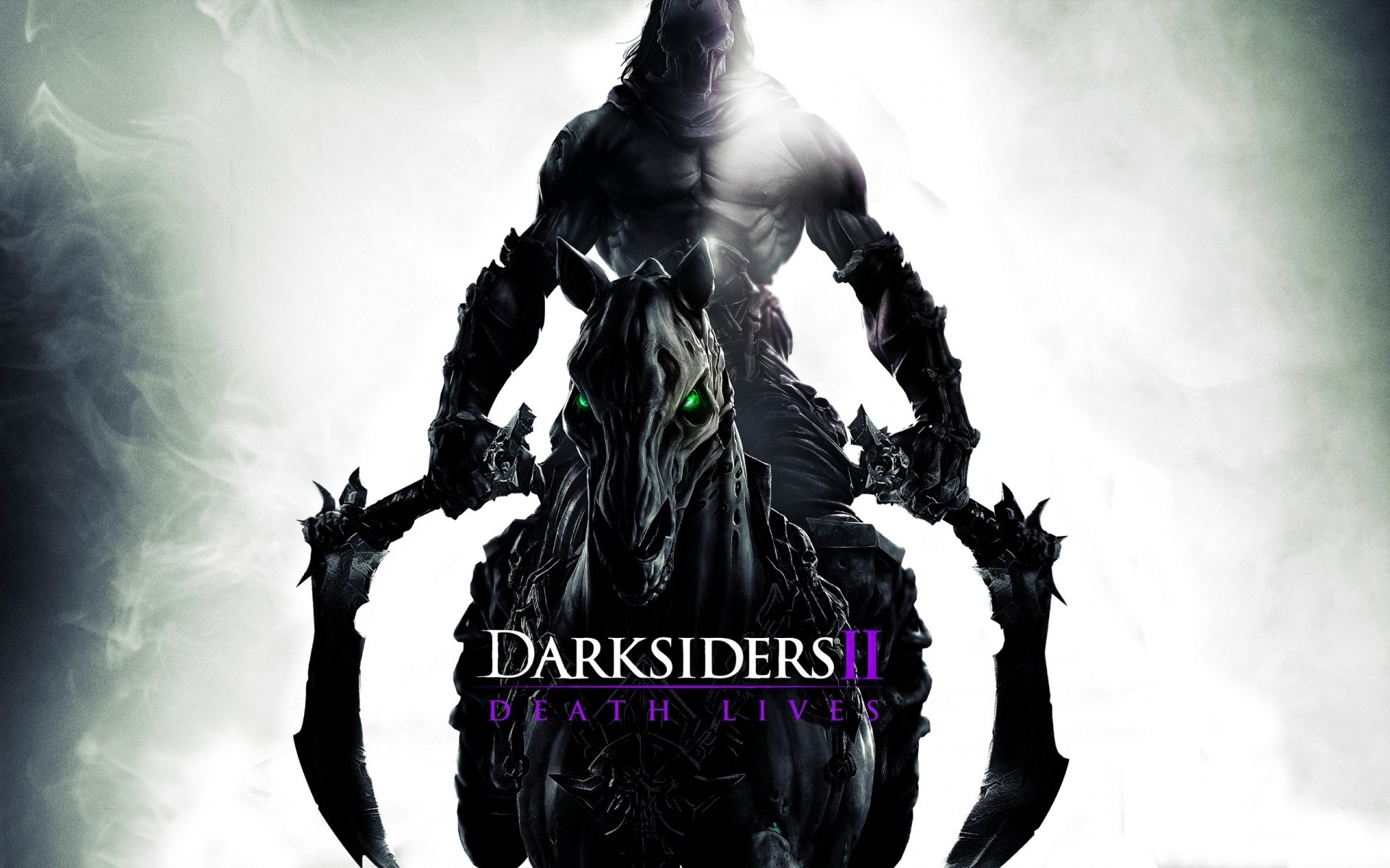 Darksiders II artwork: shadowy armored Death astride a skeletal horse, brandishing twin scythes, silhouetted against a luminous, smoky white background.
