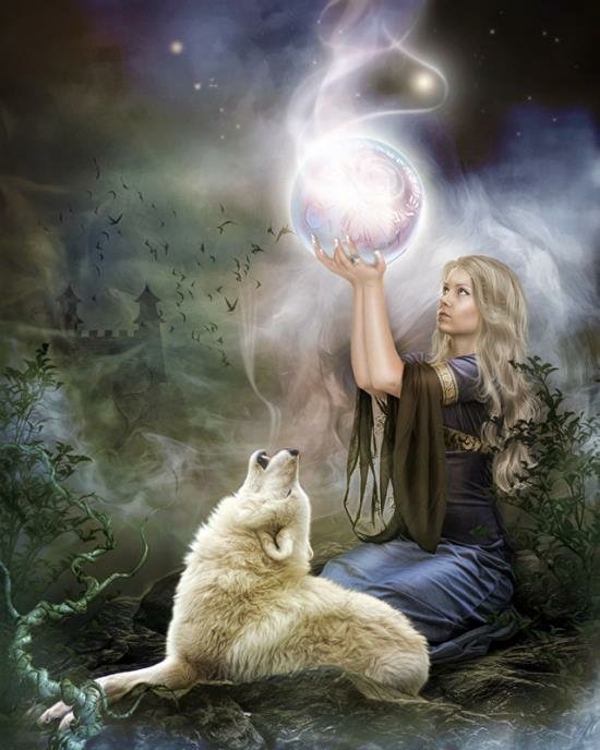 A dark, mystical scene features a woman with flowing hair holding a glowing orb, while a werewolf howls nearby, surrounded by ethereal mist and shadowy landscapes.