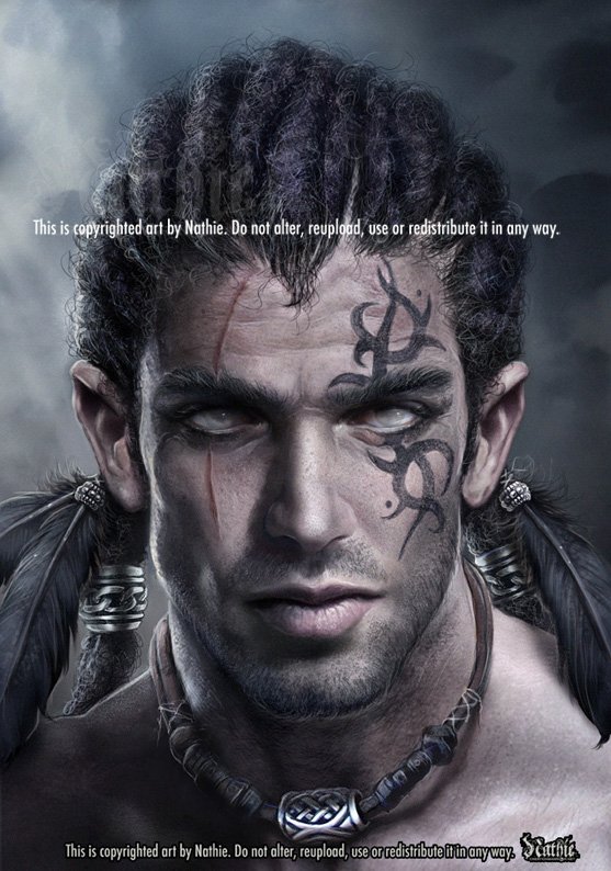 Fantasy portrait of a man with braided hair, tribal face tattoos, and intense white eyes, set against a dark, stormy background.