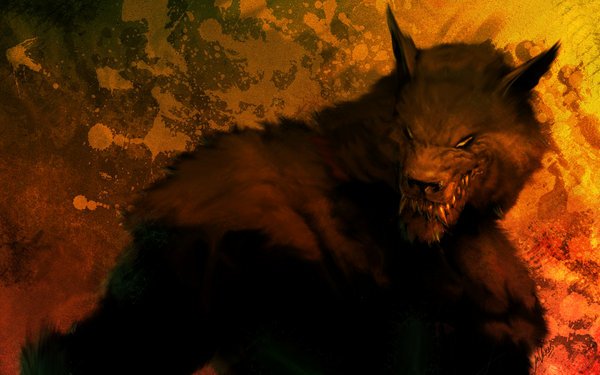 A fierce werewolf snarls menacingly, emerging from a dark, fiery background.