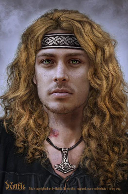 Fantasy portrait of a man with long curly blond hair, green eyes, wearing a patterned headband and a pendant necklace, set against a moody gray background.