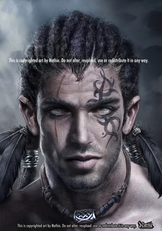 Fantasy portrait of a man with braided hair, tribal face tattoos, and intense white eyes, set against a dark, stormy background.
