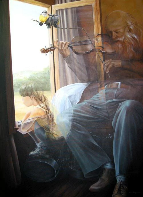 A ghostly old man plays violin beside a window where a girl crouches, bathed in light, blending dark, ethereal tones with a haunting, serene atmosphere.