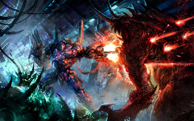 A futuristic sci-fi scene featuring a creature from the Horsehead Nebula, engaged in war against robotic figures firing weapons amidst a vibrant, chaotic background.