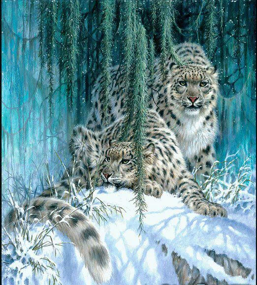 Two snow leopards lie gracefully beneath drooping branches, surrounded by a serene winter landscape. The scene captures the beauty of fantasy and the majesty of these animals.