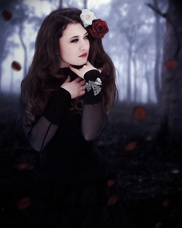 Fantasy portrait of a pensive woman in a dark gown, long hair adorned with a red and white rose, standing in a misty forest as rose petals drift around her.