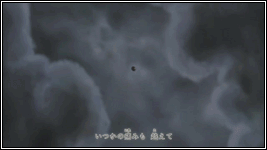 A dark, swirling sky filled with ominous clouds, featuring a small black object at the center. Text in Japanese is visible, adding a dramatic touch to this Naruto-themed anime scene.