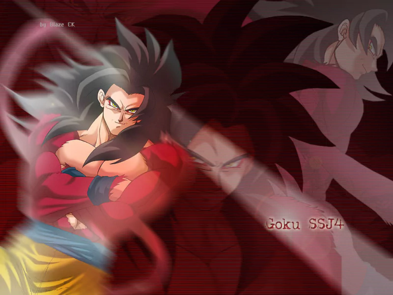 Anime Dragon Ball GT image of Goku SSJ4 — red fur, wild black hair and crossed arms, enveloped in a smoky red aura with a faded larger portrait behind him.