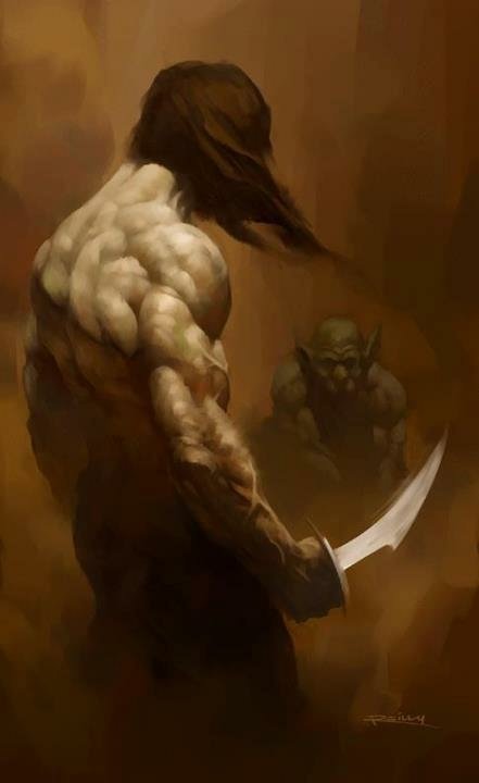 A muscular figure with long hair and a large knife confronts a small sci-fi troll in a dimly lit, smoky environment.