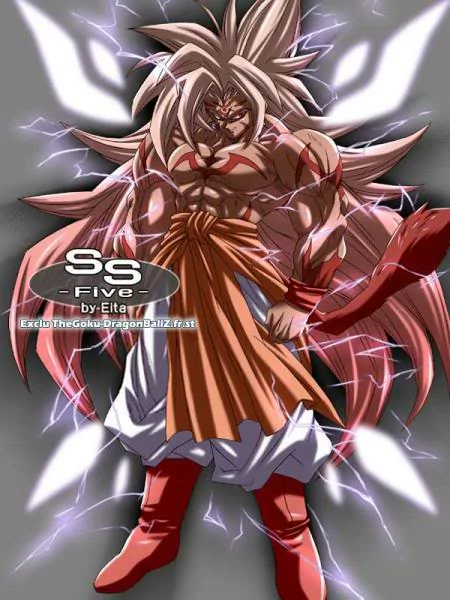 Anime-style illustration of Dragon Ball character in Super Saiyan 5 form, featuring muscular build, wild silver hair, red markings, and electric energy aura.