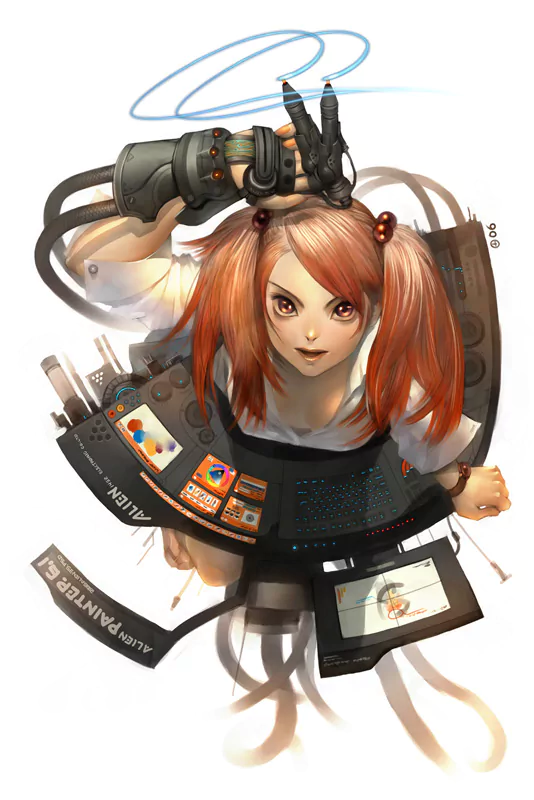 Sci-fi girl with red pigtails operating a circular control console, wearing a mechanical arm rig while holographic rings spin above her.