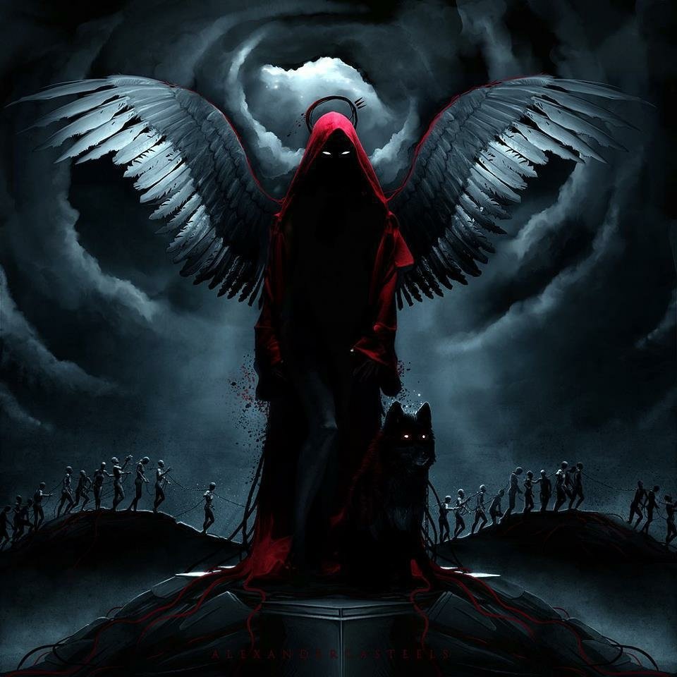 A dark figure cloaked in red stands with large wings, accompanied by a shadowy dog, amidst a stormy backdrop, evoking a demonic presence. Silhouettes gather in the distance.
