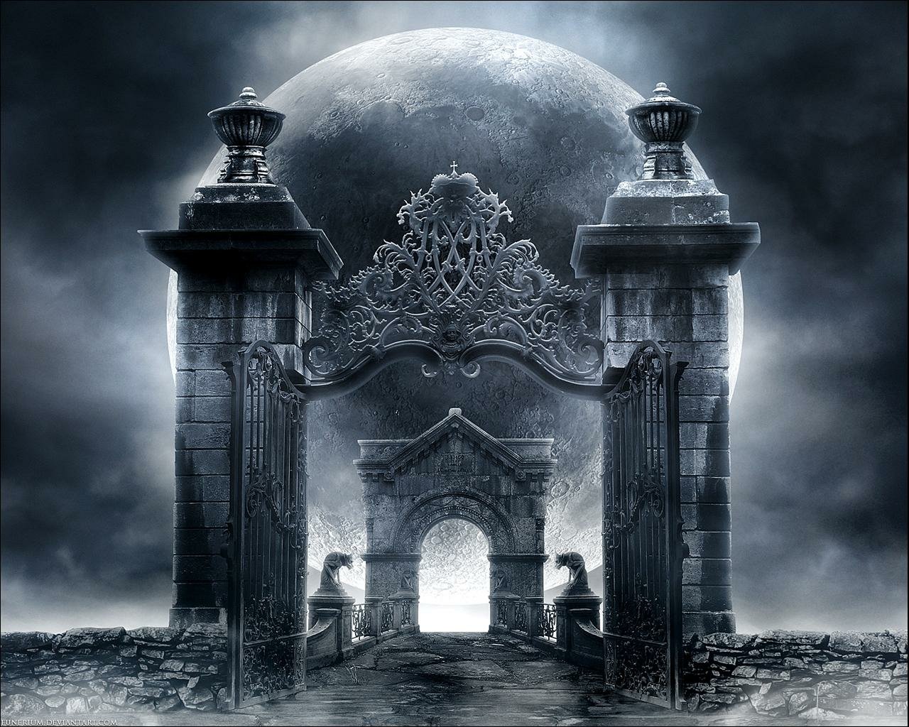 A dark, gothic gateway stands against a backdrop of a full moon, surrounded by mist and stone walls, creating an eerie, atmospheric scene.