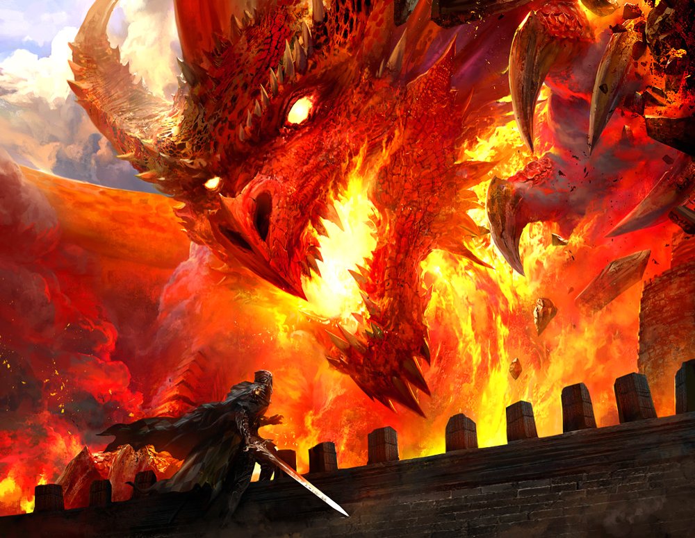 A fierce fantasy scene depicting a massive dragon spewing fire, towering over a lone warrior armed with a sword, set against a dramatic, fiery sky.