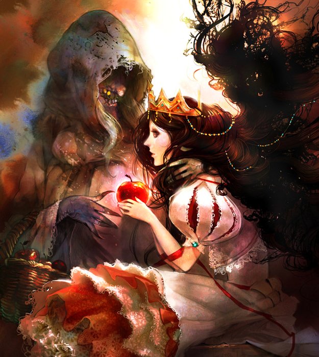 A darkly enchanting fantasy scene depicts a mysterious figure offering an apple to a young woman in a crown, evoking a rich story of temptation and intrigue.