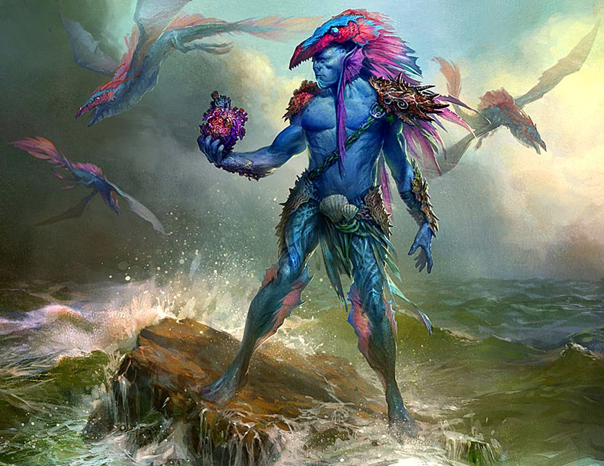 A vibrant, blue-skinned man stands on a rocky shore, holding a glowing orb, surrounded by colorful, flying creatures, embodying the fantastical essence of Magic: The Gathering.