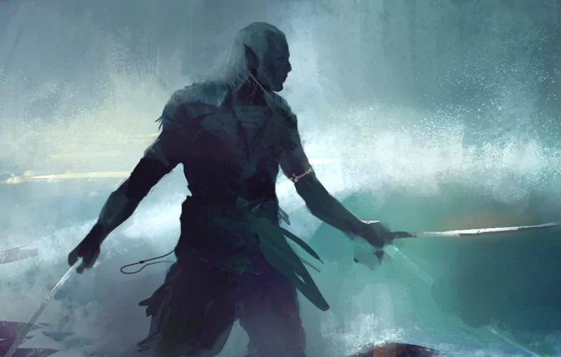 A drow warrior stands determined against swirling waves, gripping weapons with an intense gaze, embodying a powerful presence in this fantasy setting.