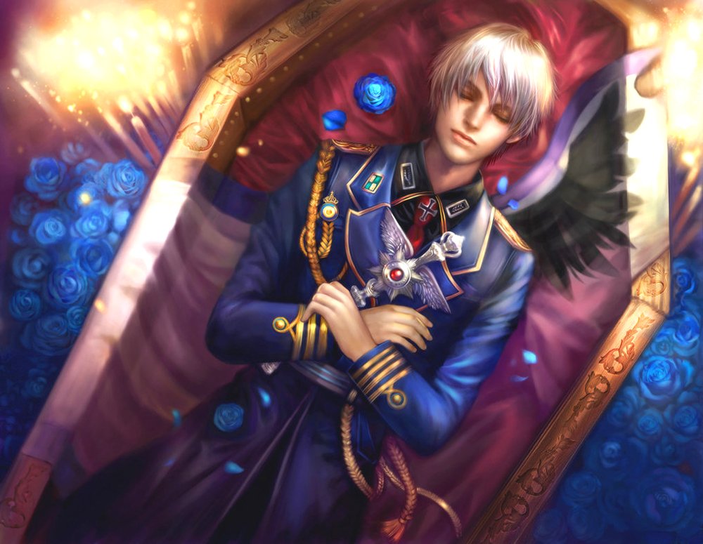 A serene figure in a royal blue uniform lies peacefully in a coffin surrounded by blue roses, embodying a fantasy theme with ethereal lighting and intricate details.