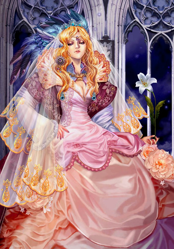 A regal figure in a flowing, ornate dress with intricate detailing, adorned with feathers and flowers, sits gracefully against a gothic backdrop, embodying a captivating fantasy aesthetic.