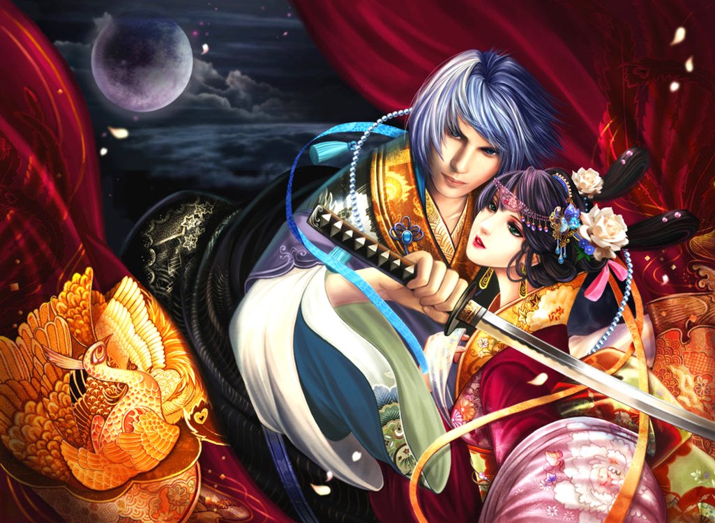 A striking fantasy scene featuring a warrior wielding a sword, embracing a beautifully adorned woman. Rich colors and a mystical backdrop enhance the enchanting atmosphere.