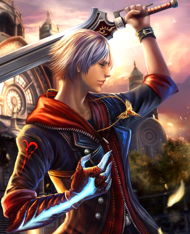 A fantasy character stands confidently with a sword, wearing a dark, stylish outfit adorned with a striking red cloak and intricate details, set against a dramatic landscape.
