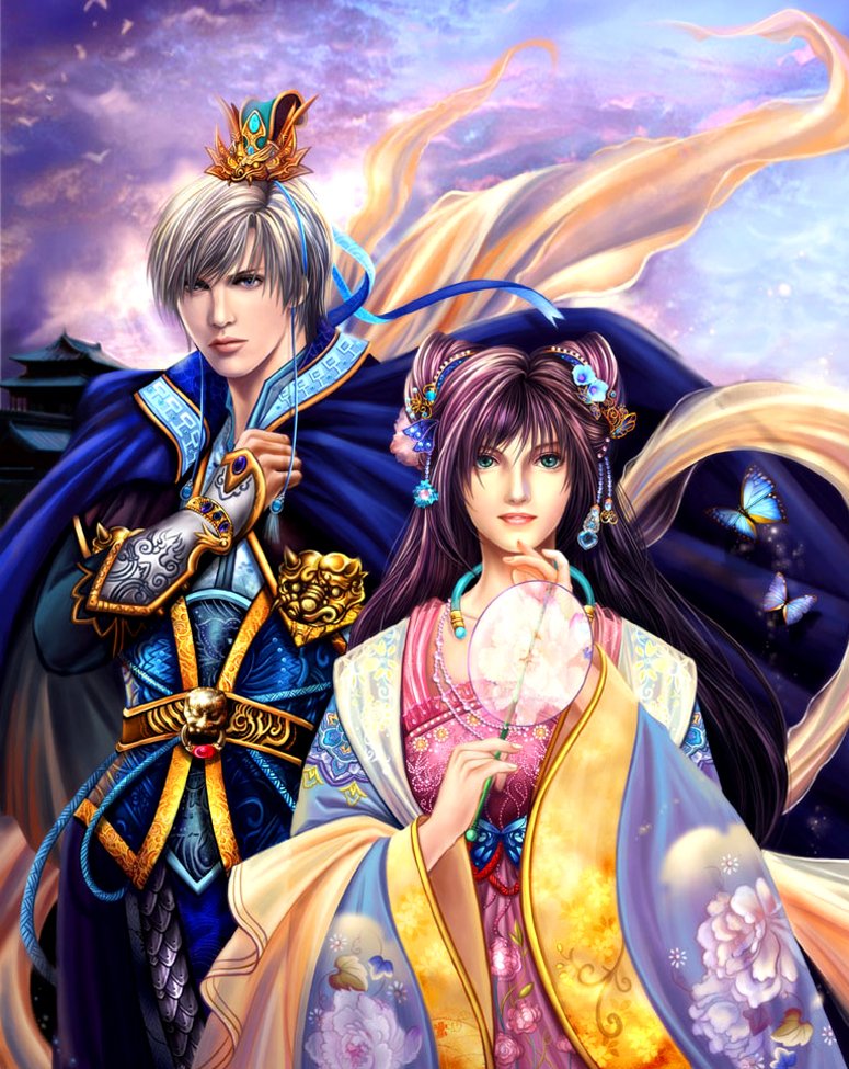 A captivating fantasy scene featuring two elegantly dressed characters, one in royal attire with a crown, and the other in vibrant traditional clothing, set against a mystical backdrop.